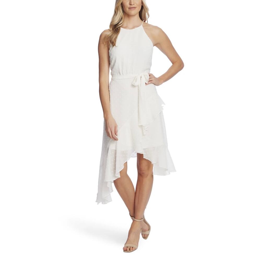 NEW CeCe Textured Cascading Ruffle‎ Asymmetrical Hem Ferriday Dress Size 12